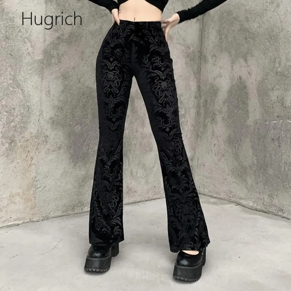 Halloween Gothic Costume Pants Women Hughrich High Waist Velvet Flocked Skull Print Slim Flare Bell Bottom Trousers