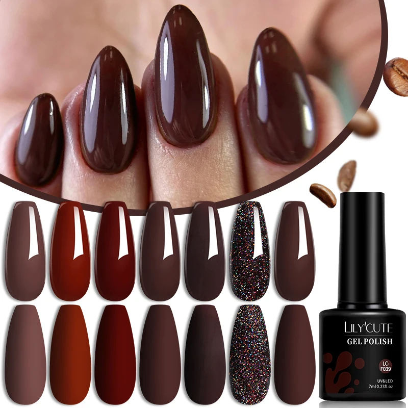 LILYCUTE 7ml 8Pcs/Set Coffee Brown Color Gel Nail Polish Manicure Semi Permanent Base Top Coat Set Soak Off Nail Art Gel Varnish