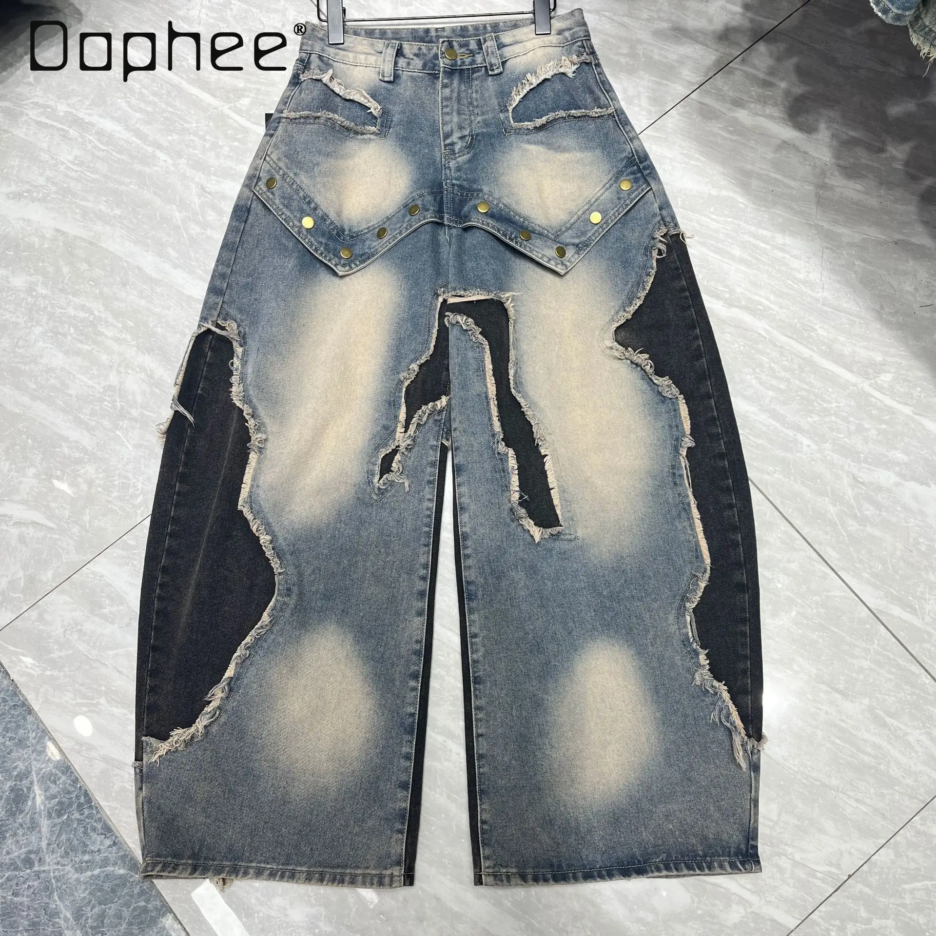 

Женские джинсы Street Personality синие рваные с вставками, прямые, весна 2026, новинка, корейский стиль, свободные, с высокой талией, широкие штанины