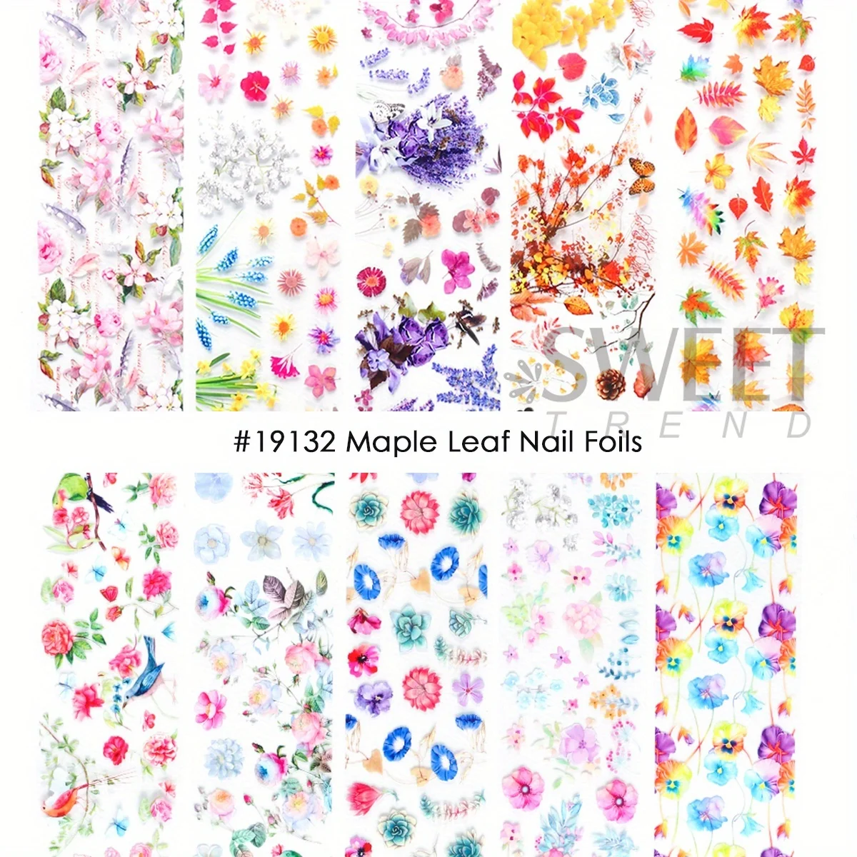 10 pezzi di fiori serie foglie lamina di trasferimento per nail art foglia d'acero mattina gloria peonia design carta farfalla manicure involucri di copertura completa