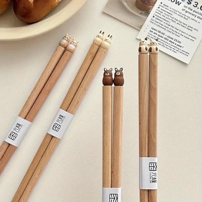 3D Cute Animal Chopsticks Hand-carved Beech Chopsticks Kawaii Sushi Couple Good-looking & Practical Wooden Dinnerware