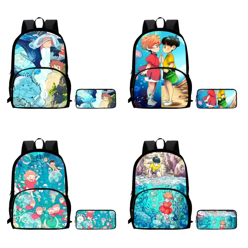 2Pcs Set Mochila Anime Ponyo School Backpack with Front Pocket,School Bags for Girls Boys,Durable Light Weight Anime Kids Bags