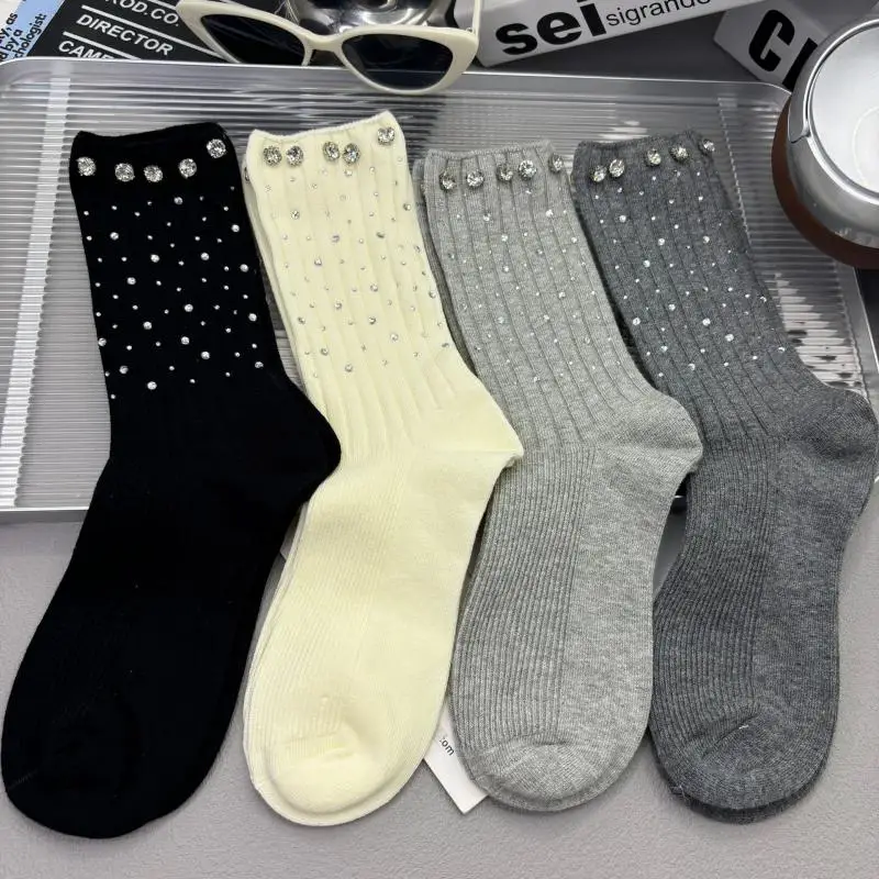 4pair Cotton Women Socks Autumn Winter New Fashionable Hot Crystal Beads Outer Decorative Trendy Girls Student Popular Luxury
