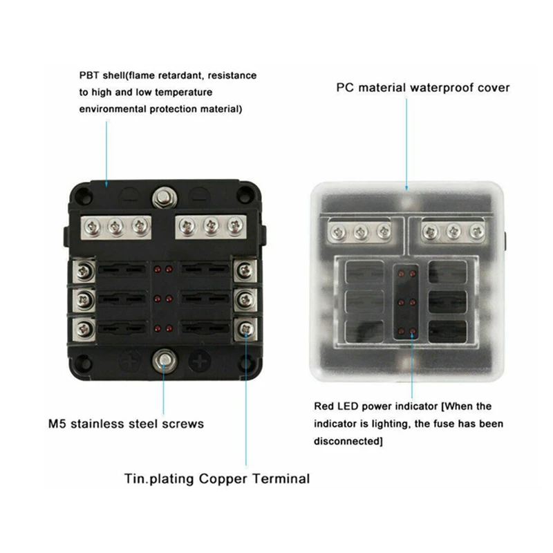 6 Way Waterproof Fuse Block,With LED Indicator Kit With Negative Marine Fuse Box For Dc12-24V Car Boat RV Truck