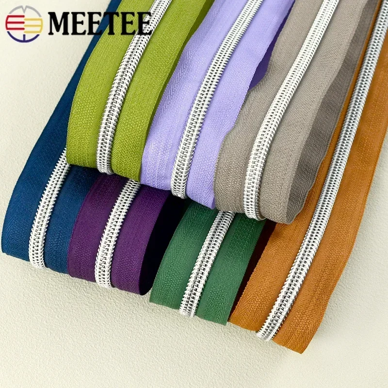 1-5M 5# Meetee Zipper By Meters Sewing Nylon Zippers Roll Bags Silver Teeth Coil Zips Tape Garment Replacement Zip Repair Kits