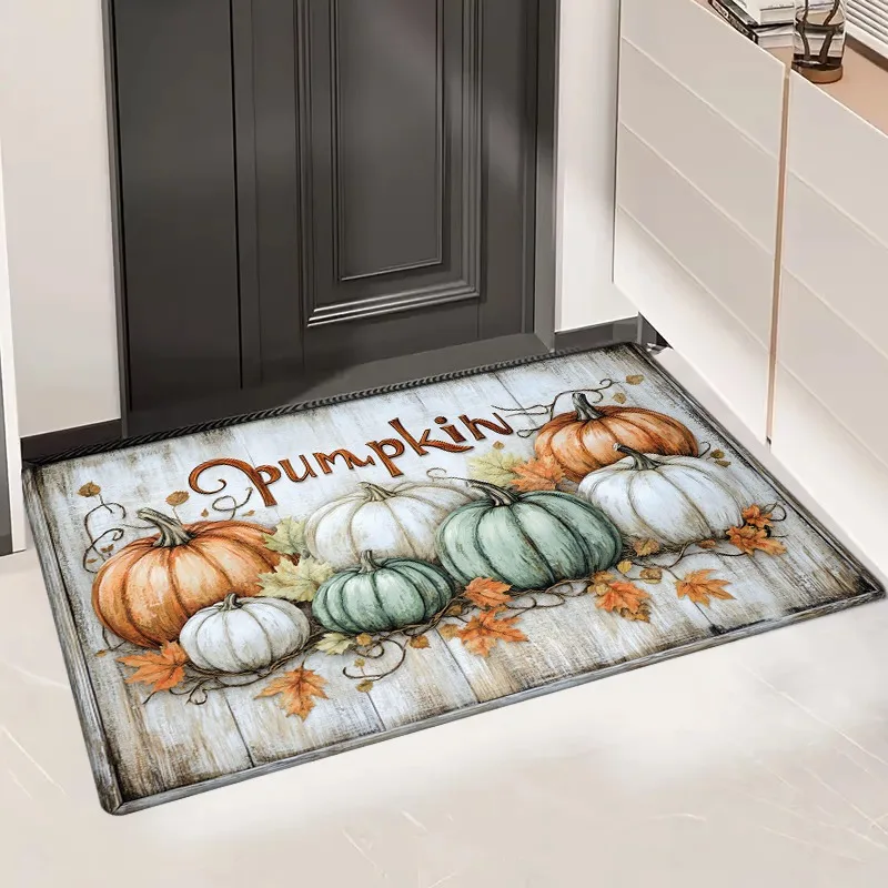 1pc Festive Pumpkin & Maple Leaf Print Non-Slip Doormat - 0.47inch Thick Flannel, Machine Washable, Comfortable Floor Mat for En