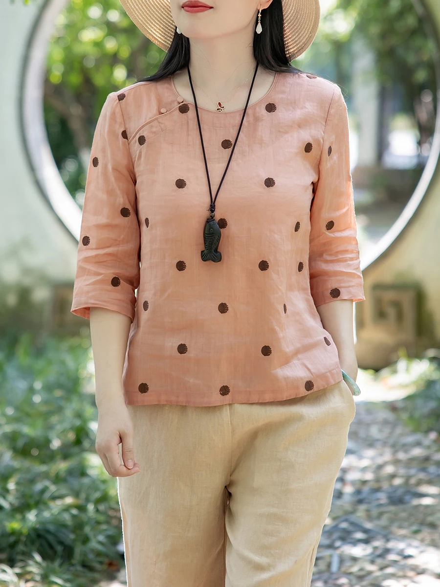 

Летняя женская блузка Nian Jiangnan с вышивкой в горошек, из хлопка и льна, с круглым вырезом, прямого кроя, на пуговицах, в стиле ретро