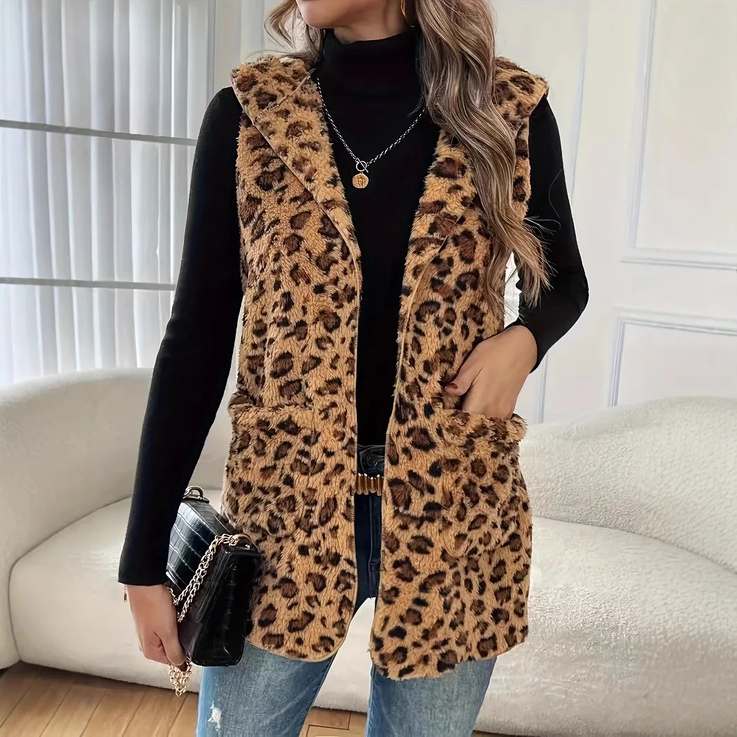 Casual Women's Autumn Winter Leopard Print Double-sided Fleece Vest Jacket