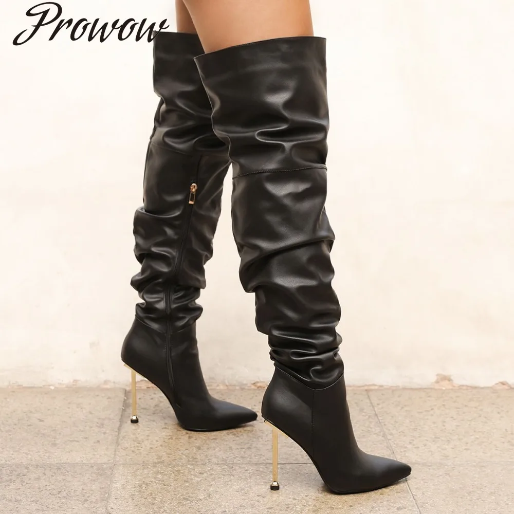 

High Heeled Pleated Black Fashion Metal Heats Over The Knee High Thigh High Boots Shoes Women Zapatos Mujer
