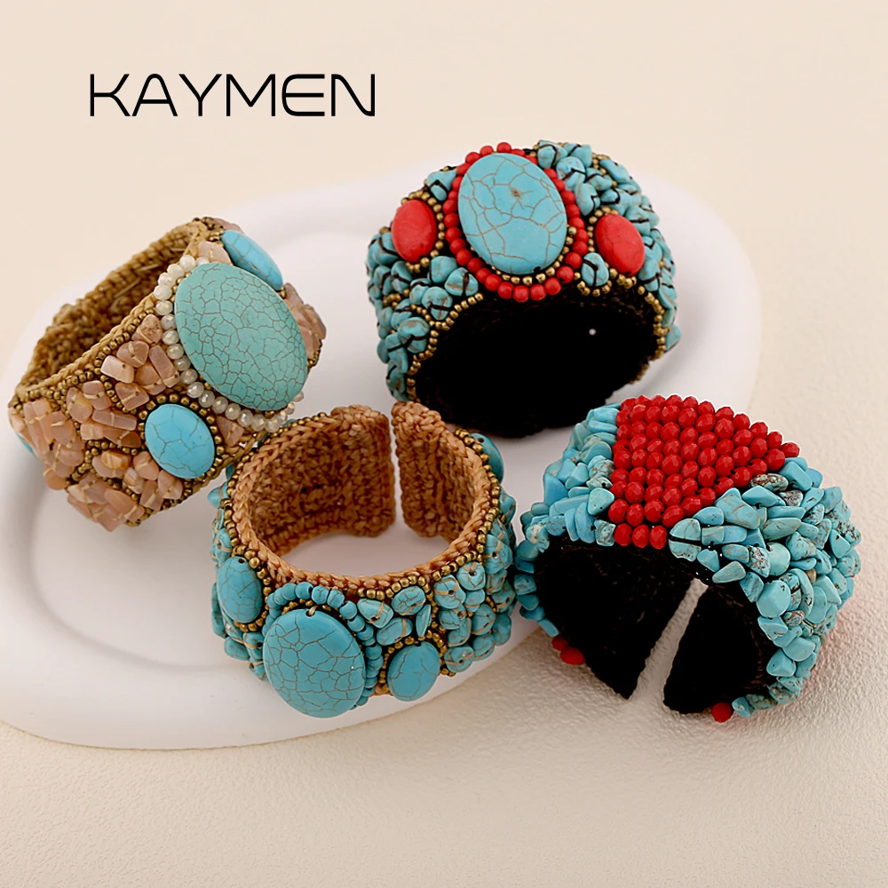 Intricate Handcrafted Luxury Turquoise Chunky Stacked Cuff Bracelets for Women High-end Bohemia Trendy Bangle Party Accessory