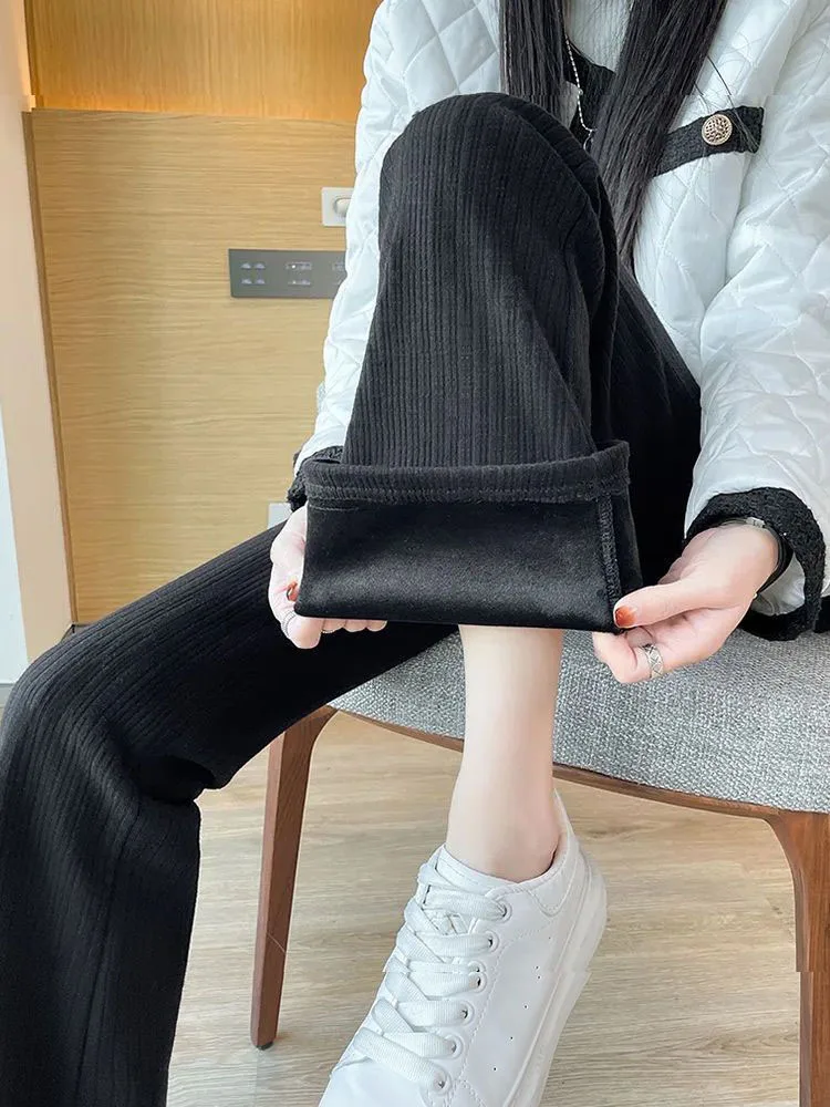 Warm  Thicken Plus Velvet Flare Pants Winter Elegant Womens Pantalones Korean Fashion High Waist Slim Plush Lined Trousers 90Cm