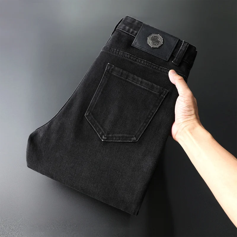 Padrão jeans preto moda masculina impresso roupas masculinas personalidade de rua estiramento fino ajuste pés pequenos calças jeans apertadas