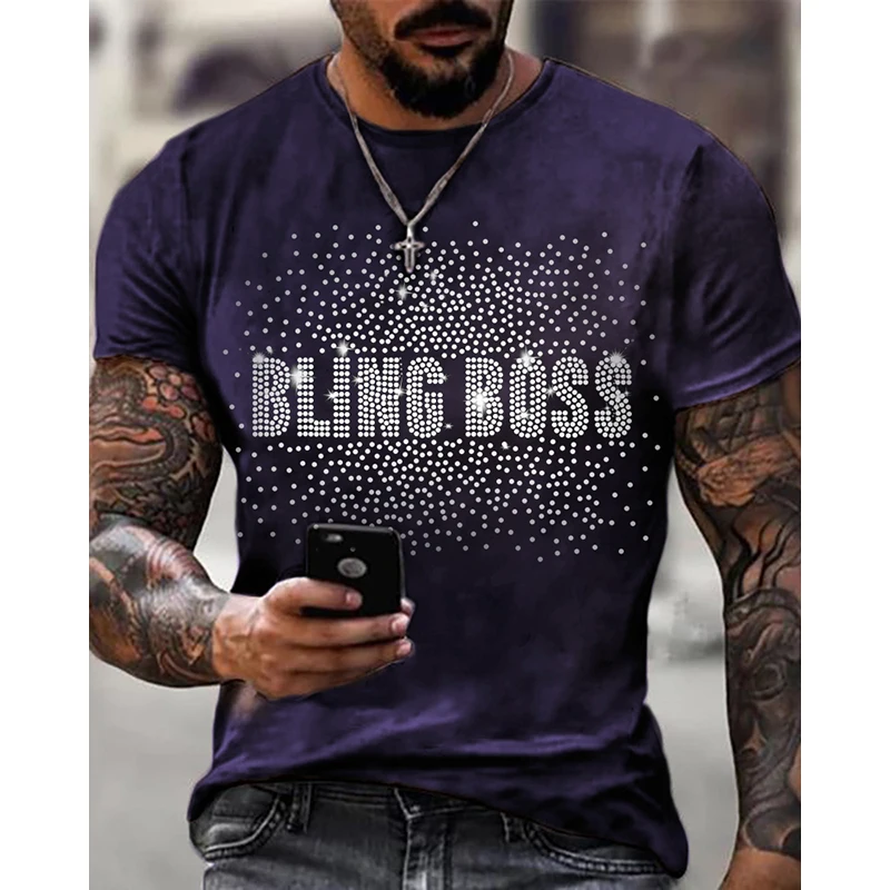 Men\'s Clothing High Quality Fashion Oversized Tee y2k Boss Rhinestone Designer Short Sleeve Top Party Casual Street T-Shirts New