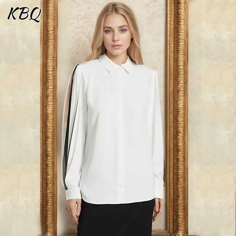 

KBQ Hit Color Casual Loose Shirts For Women Lapel Lantern Sleeve Spliced Single Breasted Minimalist Blouses Female Fashion New
