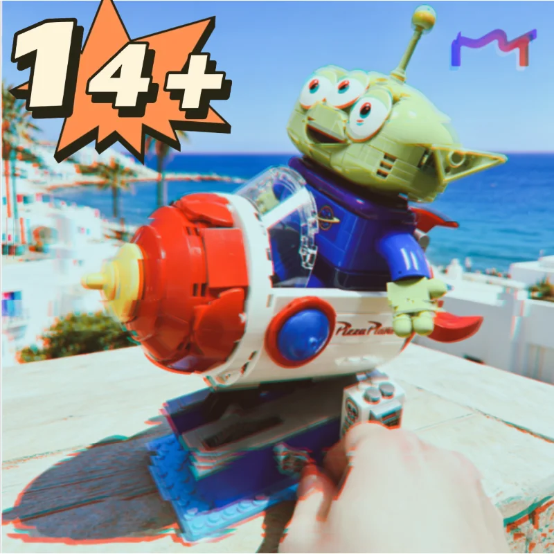 2026 Popular Classic Movie Three Eyed Alien Pizza Planet Rocket Ride Building Blocks 570pcs Diy Decor Model Creative Birthday