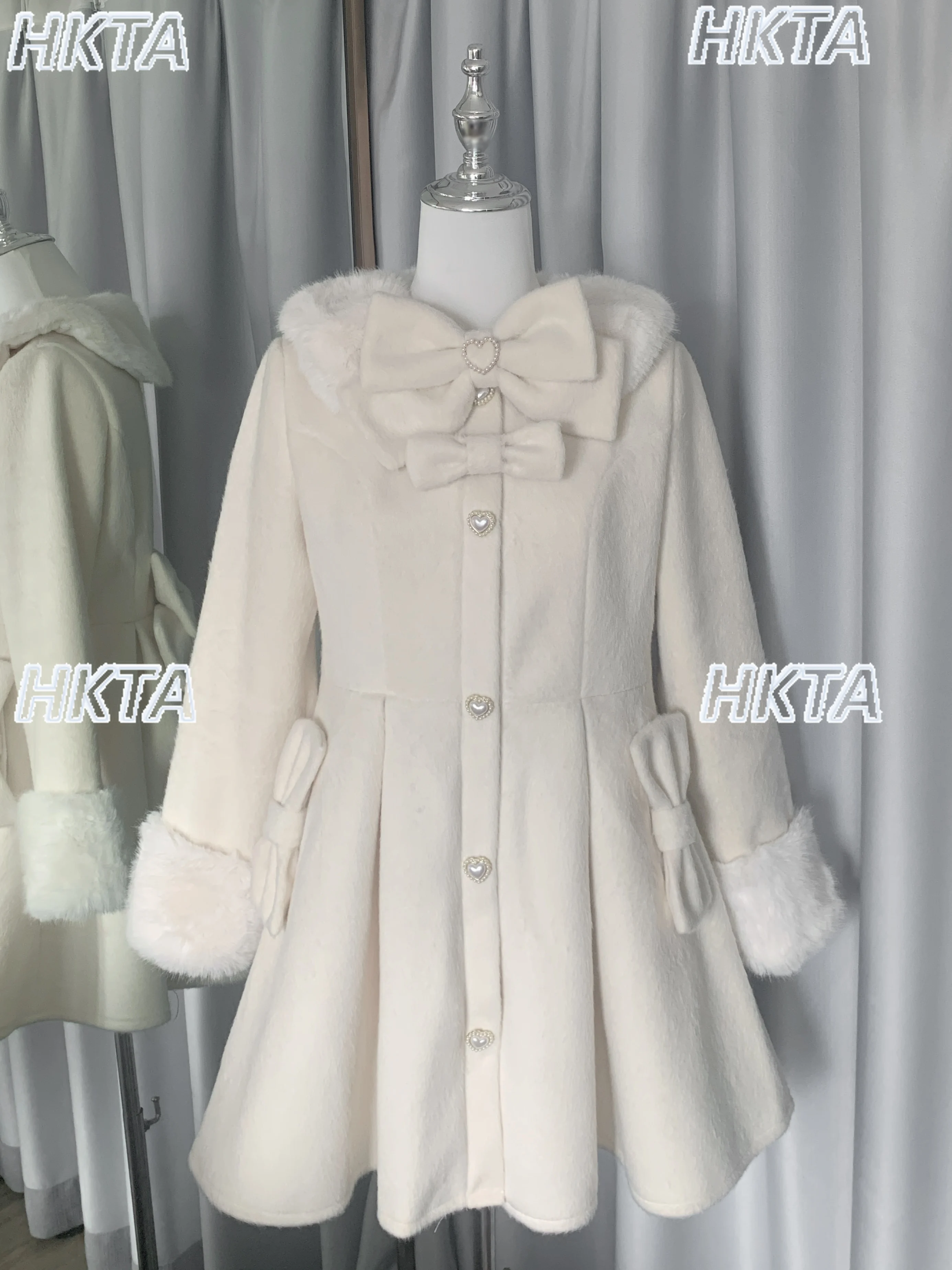 Design original de lã moda japonês doce casaco bowknot velo forrado quente bonito menina 2025 novo inverno longo jaqueta caxemira