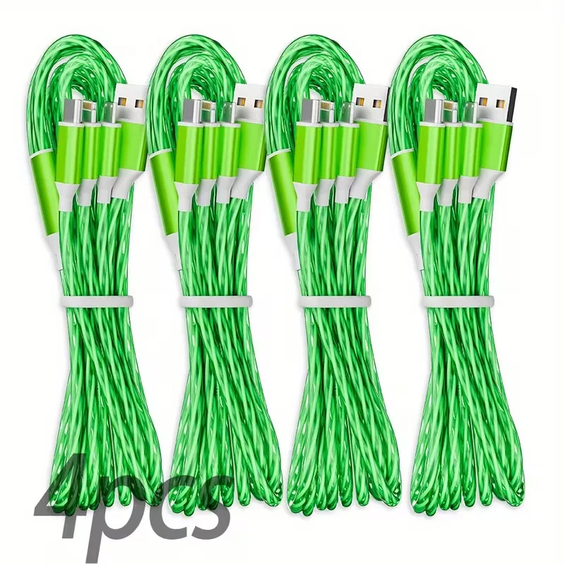 Jogrytece 4pcs 4ft 3 in1 green Fast Charging Luminous  Data Cable For iPhone Android phone Xiaomi Huawei Samsung Charger Wire