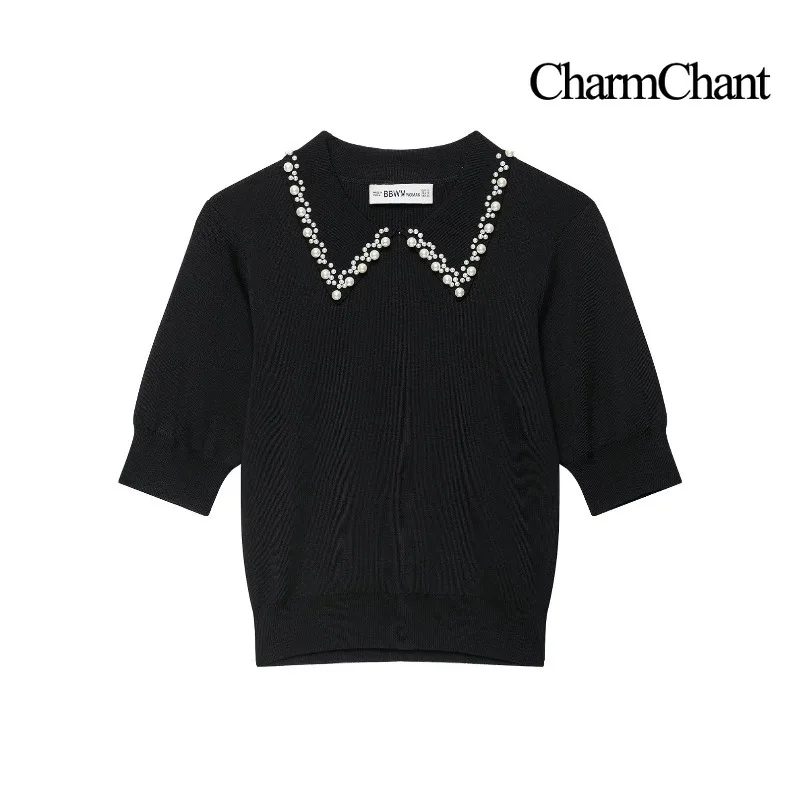 CHARMCHANT Women Pearl Embellished Knit Top Half Sleeve Loose Fit Black Sweater Elegant Casual Short Sleeve Pullover
