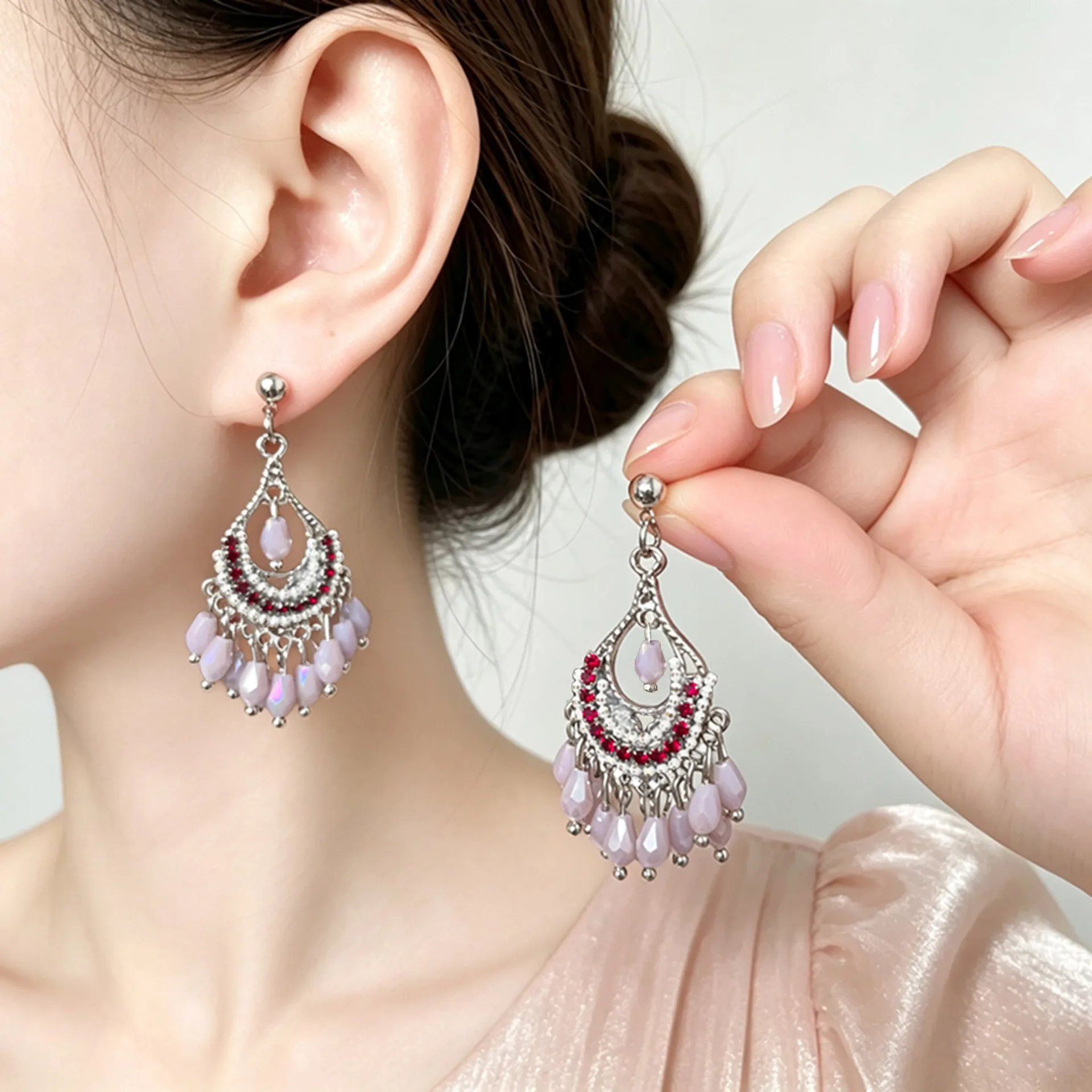 Ornate Silver Filigree Fan Dangles Set With Red Crystals Pastel Purple Teardrop Beads Ethnic Tribal Style Jewelry Accent