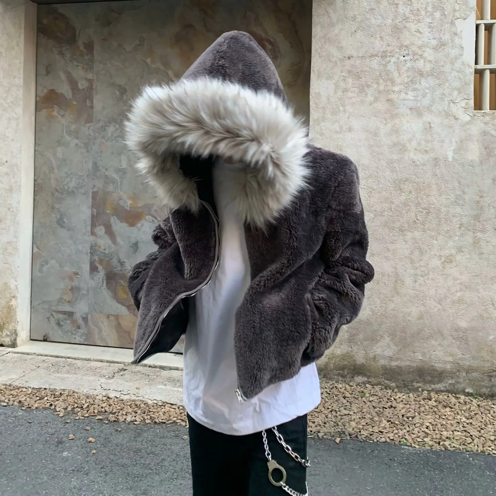 Mens Y2k Jacket Hooded Fur Thick Warm Neutral Coat Autumn Winter Chic Casual Loose All-Match Fluffy Fleece Jacket Mens Clothing