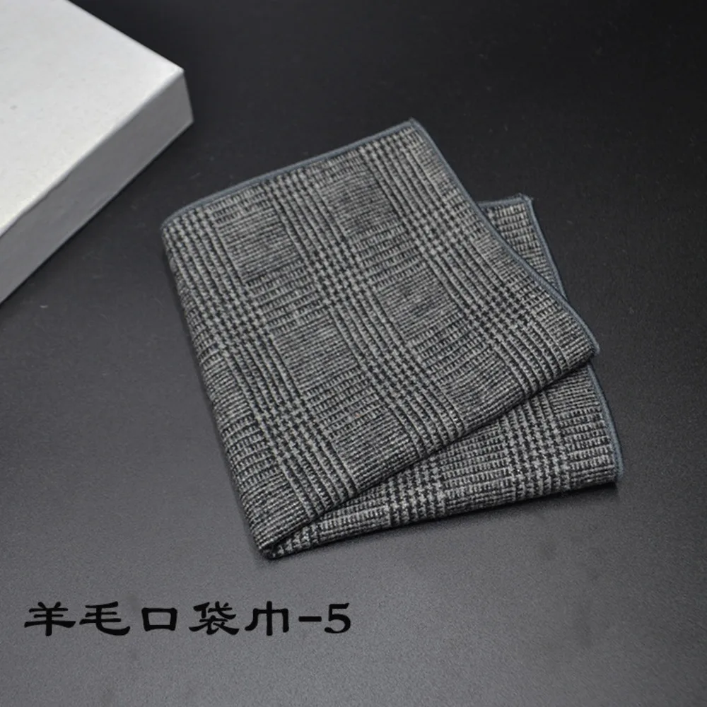 23*23CM New Vintage Wool Pocket Square Plaid Black Handkerchief Men\'s Business Suit Tie Accessories Scarf Hankies Tuxedo Cravat