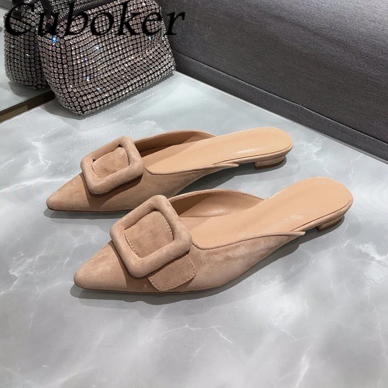 2024 Summer Pointed Wrap Toe Suede Leather Flat Slippers For Women Elegant Square Buckle Mules Fashion Dress Slides Shoes Ladies