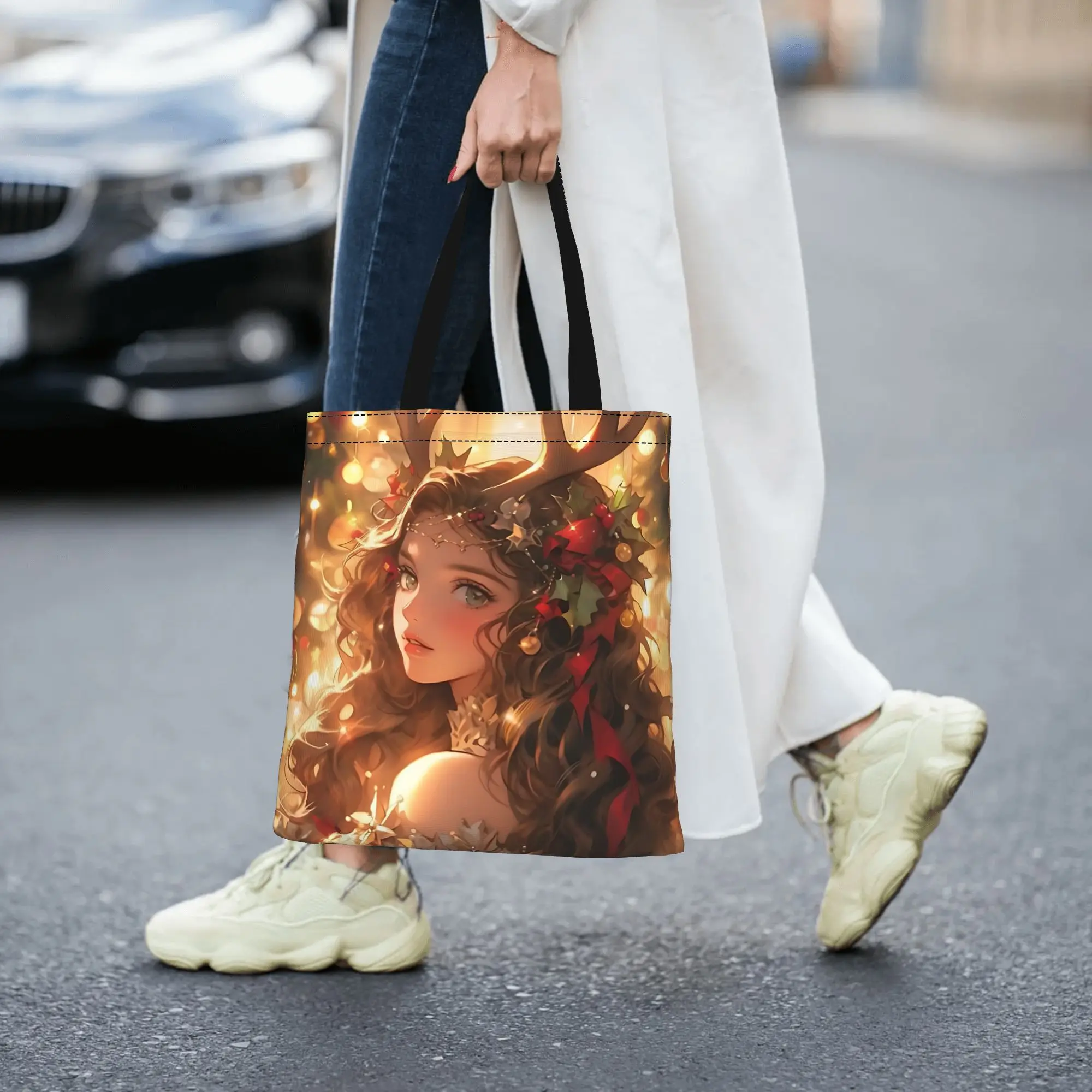 Customized Anime Girl Christmas Wreath Women's Bag Shopping Bag Reusable Double Sided Canvas Tote Bag Shoulder  Handbag Its bags