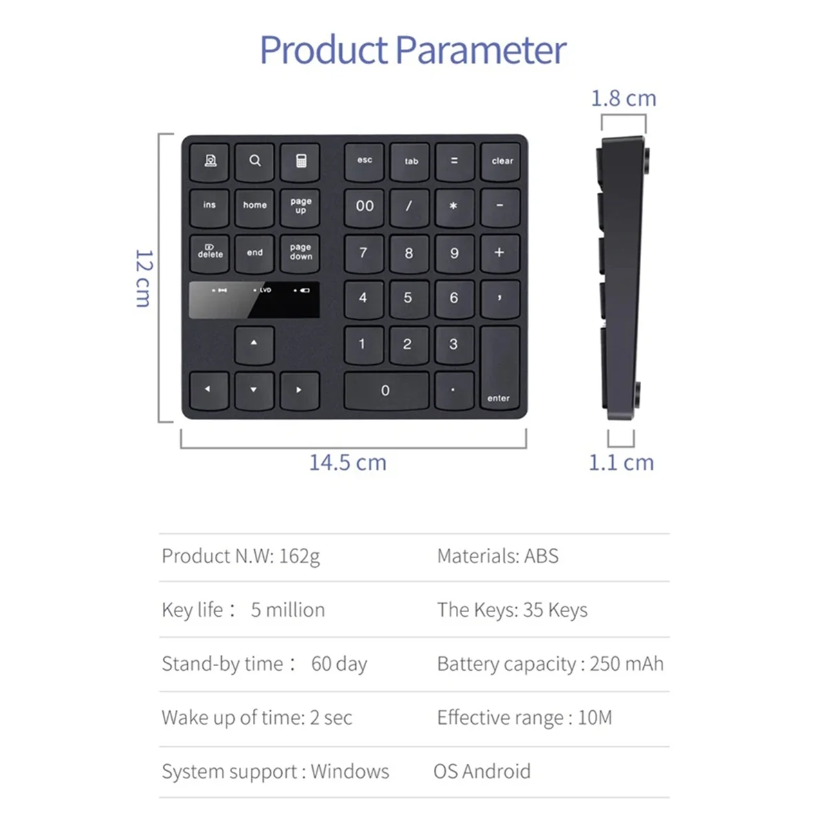 ABJZ New 2.4G Wireless Numeric Keyboard Portable 35 Keys Financial Accounting Office Keyboard Rechargeable Black Keyboard