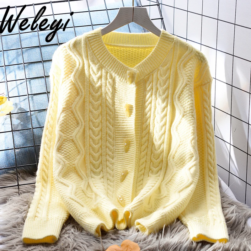 Japanese Style Yellow Short Sweater Coat Women Outwear Autumn 2024 New Sweet Soft Waxy Women's Low Crew Neck Knitted Cardigan