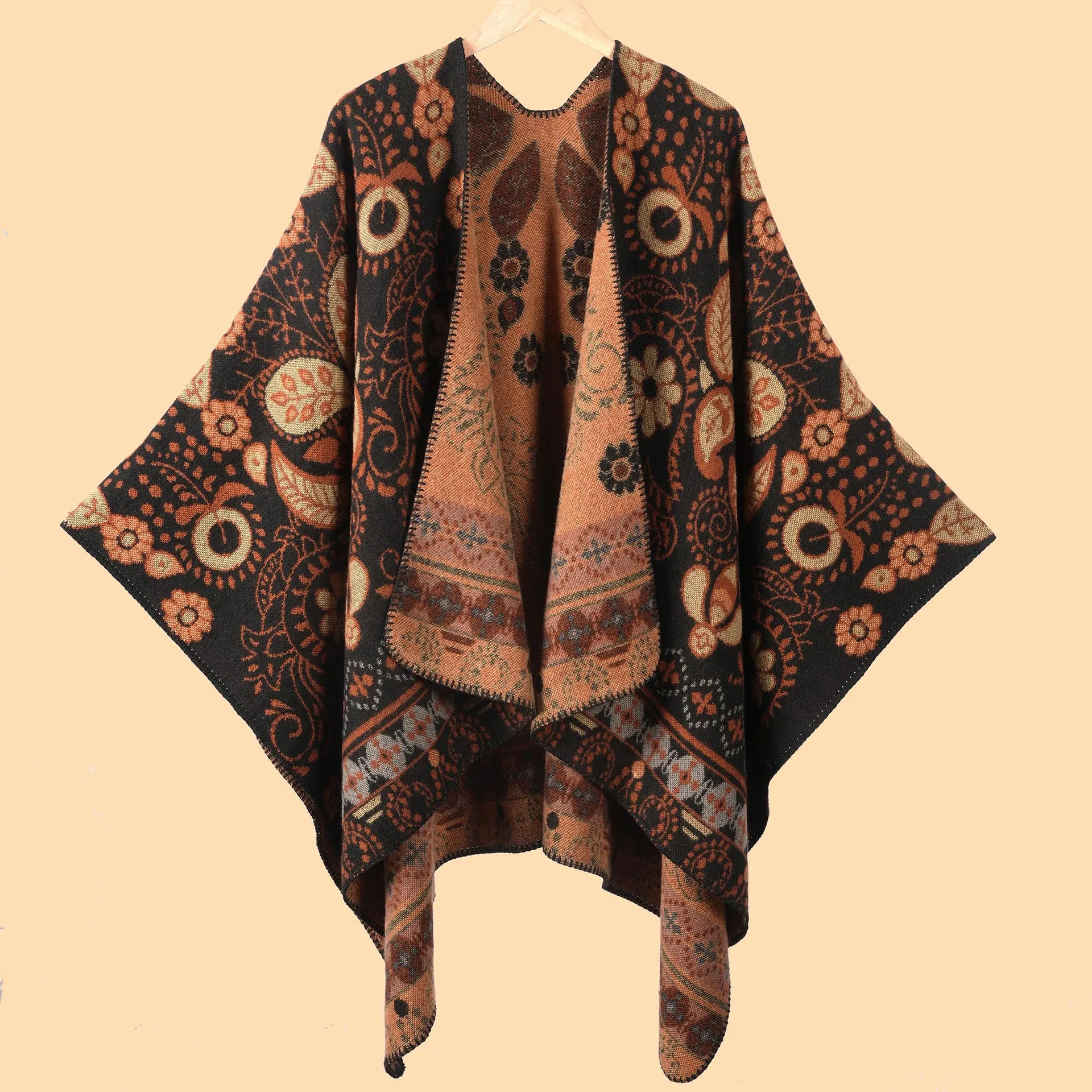 

New Poncho Retro Imitate Cashmere High-Quality Jacquard Thickened Warm Cloak Women's Autumn/Winter Outdoor Cold-Proofing Cape