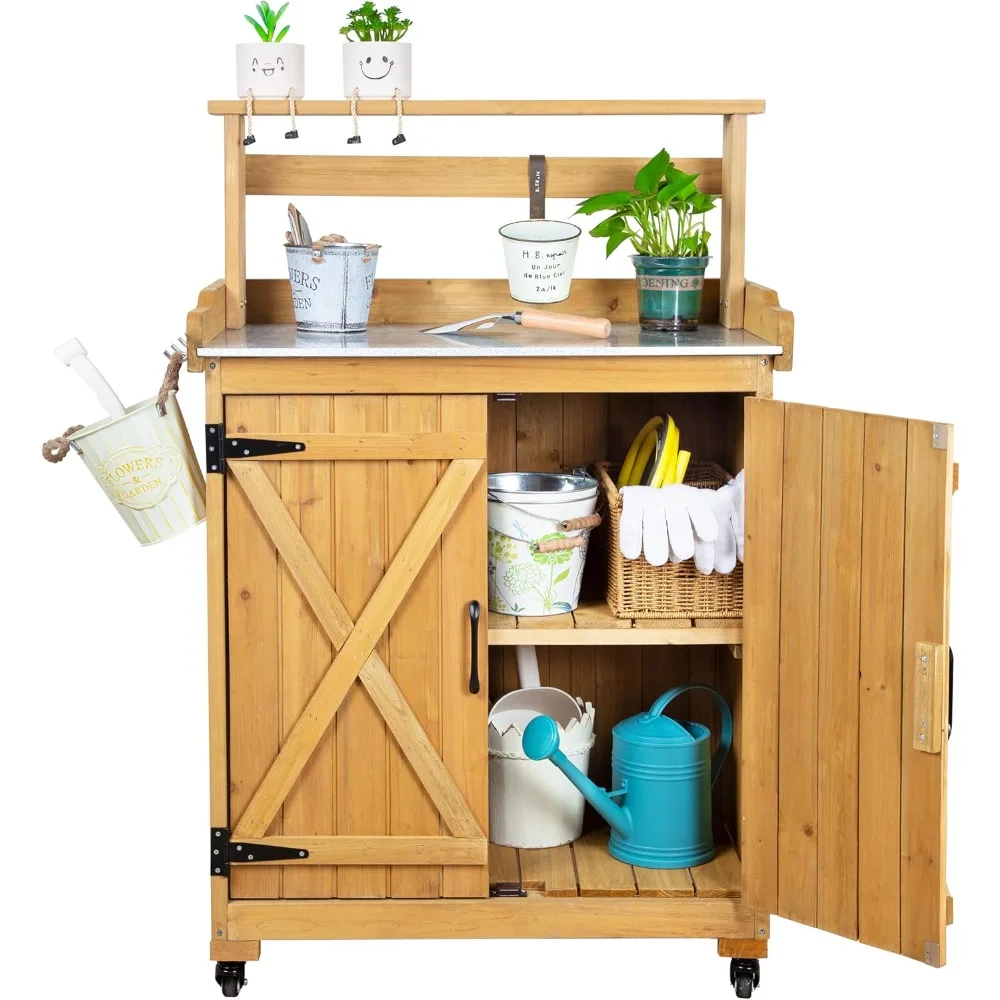 Outdoor Storage Cabinet Weatherproof,Outside Potting Bench Table,Garden Wooden Potting Bench Table with Metal Tabletop andWhells