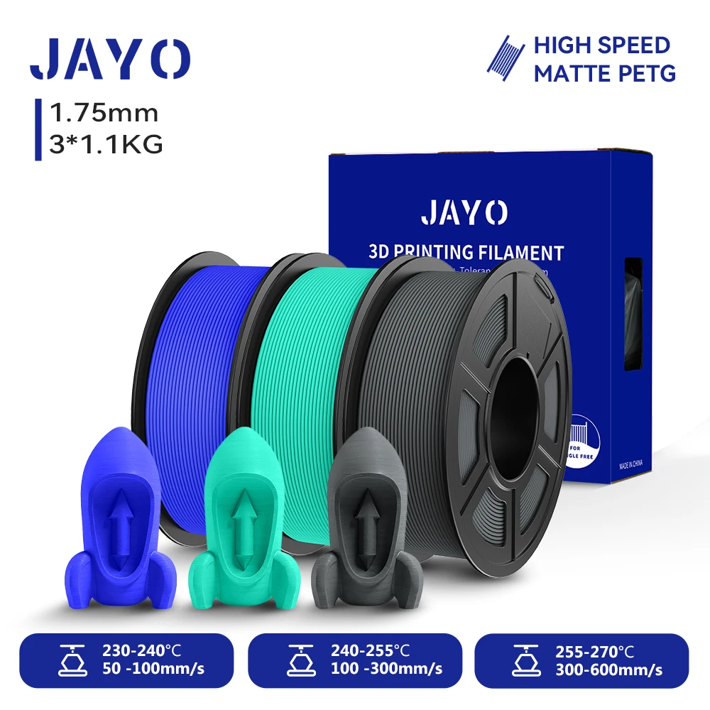 JAYO 3 Rollen 3D High-Speed Matt PETG Filament 1,75mm 30mm/s - 600mm/s Druckbereich Hochfließendes Schnelles PETG 3D FDM Drucker-Filament