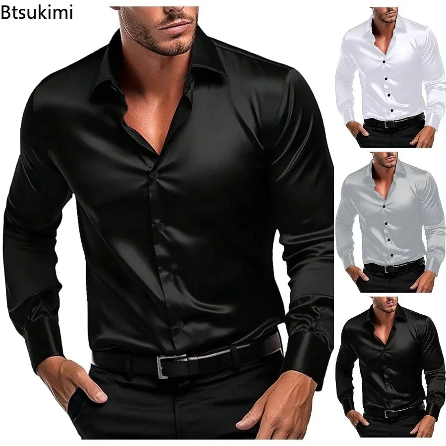 الراقية الرجال قمصان الساتان تمتد حريري السلس الأعمال فستان نحيل قمصان الصلبة طويلة الأكمام الملابس الرسمية الكلاسيكية الذكور القمصان