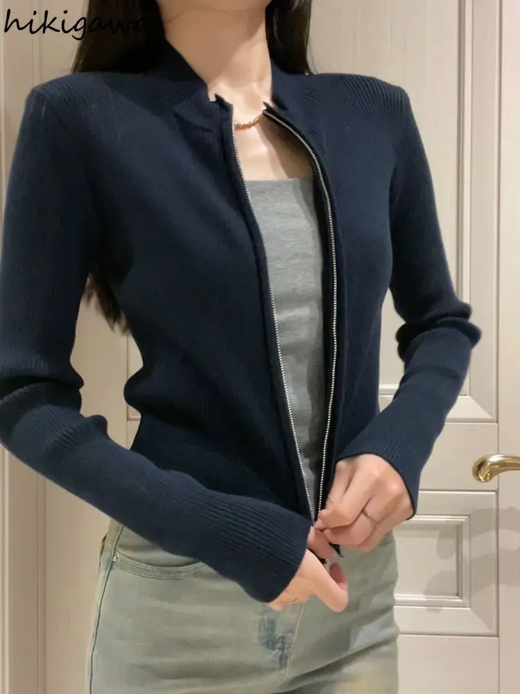 

Корейский Sueter Mujer, женский укороченный свитер, куртки, осенне-зимняя одежда, повседневный шикарный вязаный кардиган на молнии с воротником-стойкой