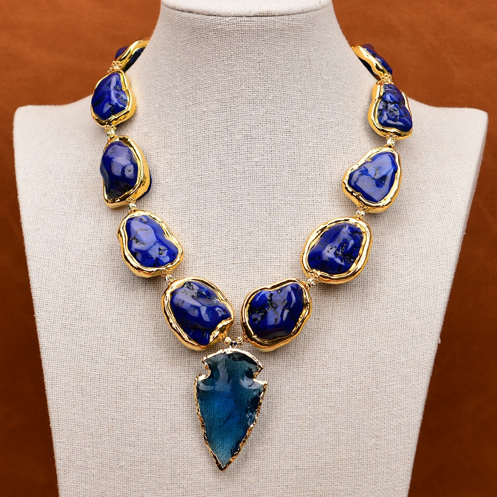 

G-G 20" Gold Edge Plated Blue Turquoise Freeform Shaped Rough Nugget Chokers Necklace Blue Glass Quartz Pendant