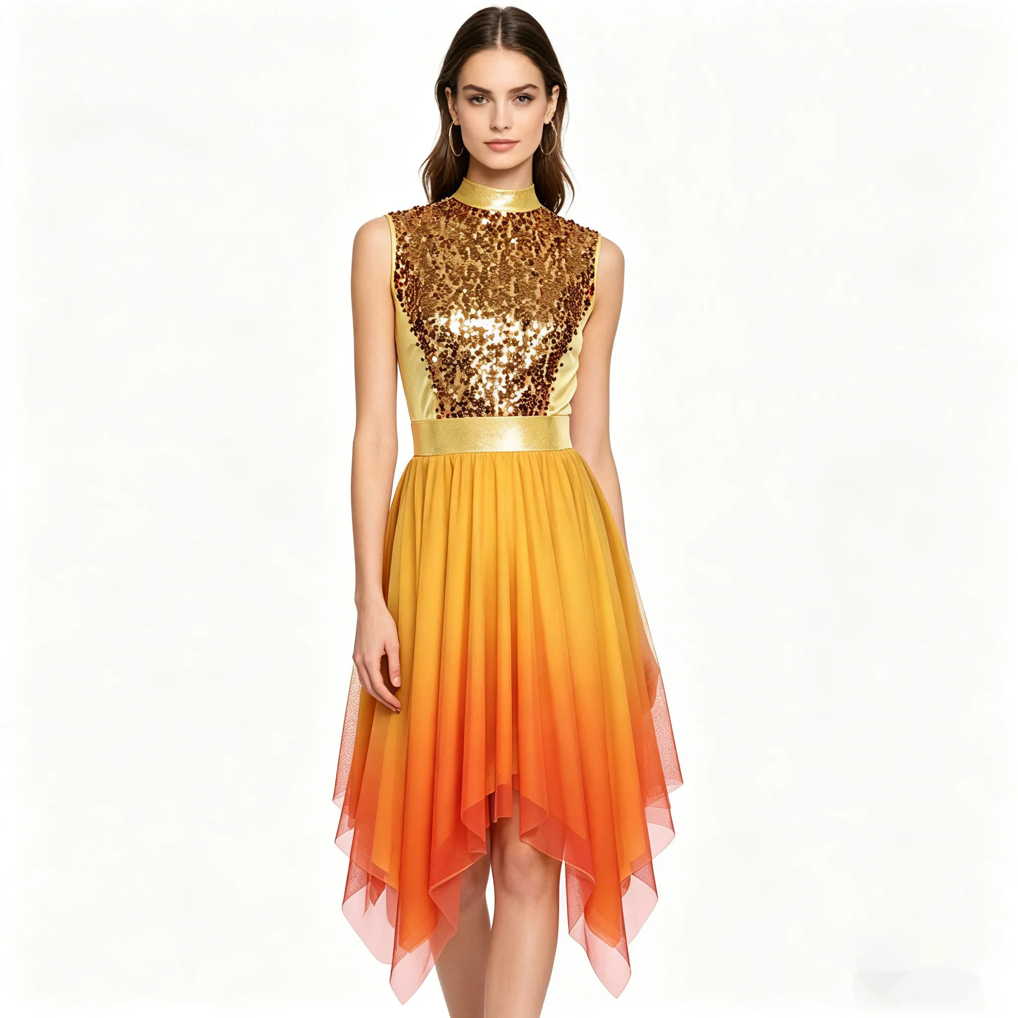 Women Praise Lyrical Dance Dress Liturgical Worship Church Choir Costume Sleeveless Shiny Sequin Mesh Bodice Dresses Dancewear