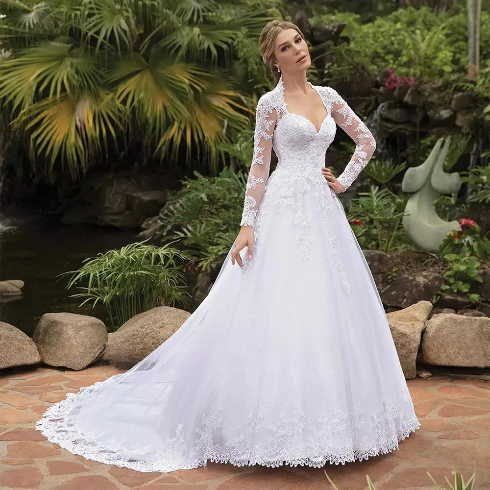 Customized Vestido De Noiva Long Sleeves Illlusion Back Vestidos De Novia Sweetheart Sweep Train HIGH Neck Wedding Dress