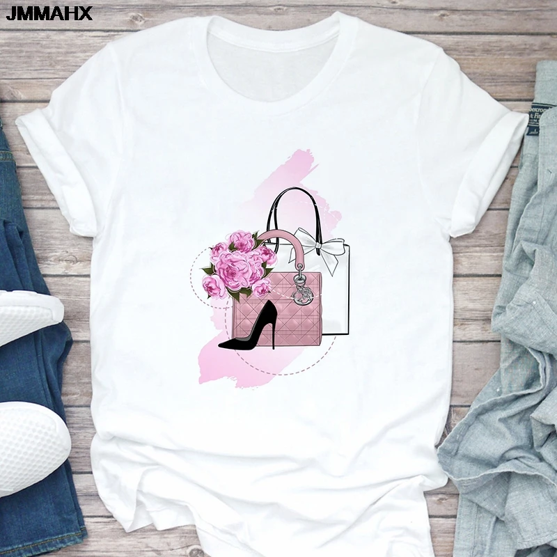 

Женская футболка, летняя модная сумка для девочек, женская футболка с принтом, повседневная белая футболка с короткими рукавами, женская одежда, футболка