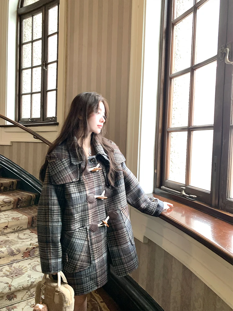 Acaine Winter Women's Long Plaid Woolen Coat Korean Style Loose Button-Up Sweet Style Straight Cut Hatless Hooded Coat