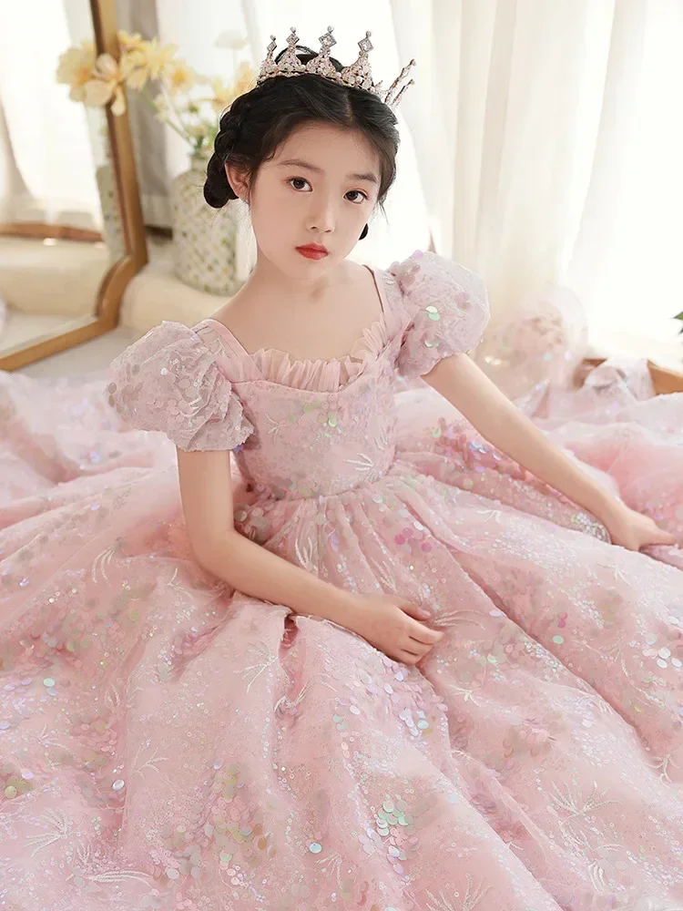 Baby Girls Sequined Long Dress Young Girls Puff Sleeves Pink Ball Gowns Children Princess Birthday Pageant Graduation Party Wear