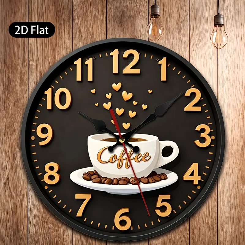 1pc, Two-Dimensional Flat Wall Clock, Featuring a Coffee Cup with Heart-Shaped Steam And Coffee Beans Design