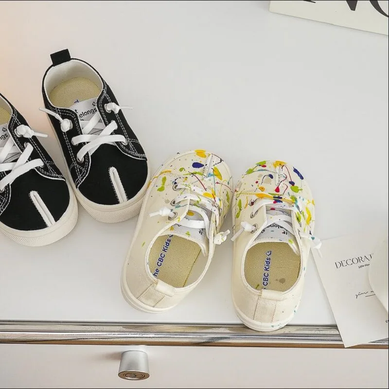 2024 Autumn New Children's Casual Colorful Splash Canvas Shoes Boys Girls Casual Retro Fashion Casual Board Shoes Black 22-31