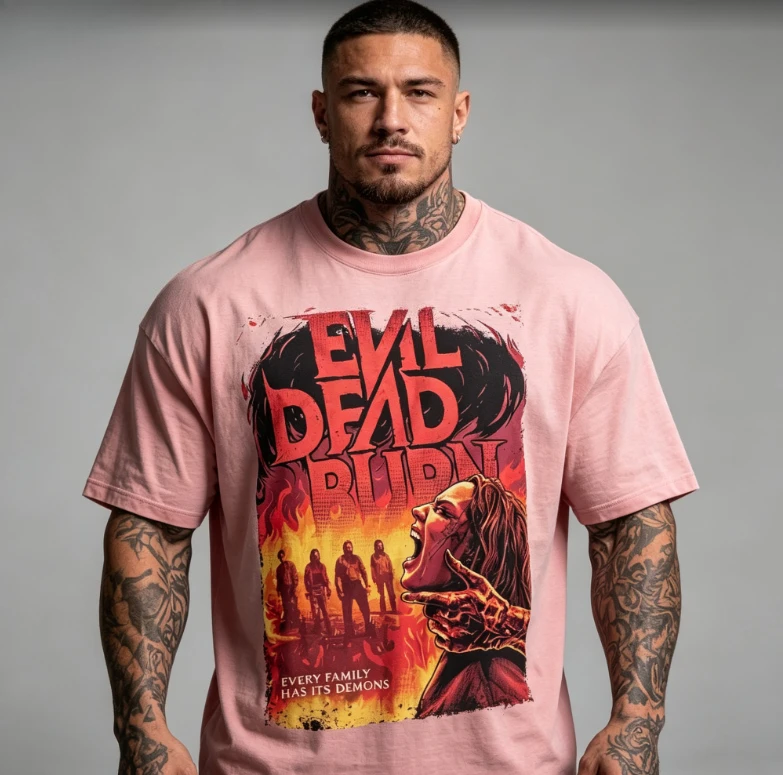 2026 new Street style loose-fit T-shirt female portrait devil's hand flame background retro horror T-shirt