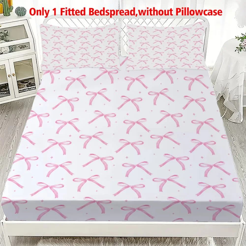 1 Stück Weiß & Rosa Schleifenmuster Spannbettlaken mit Tiefen Taschen, Elastischer Matratzenbezug für Einzel-, Doppel-, Queen- und King-Size-Betten, Schlafzimmer-Dekoration