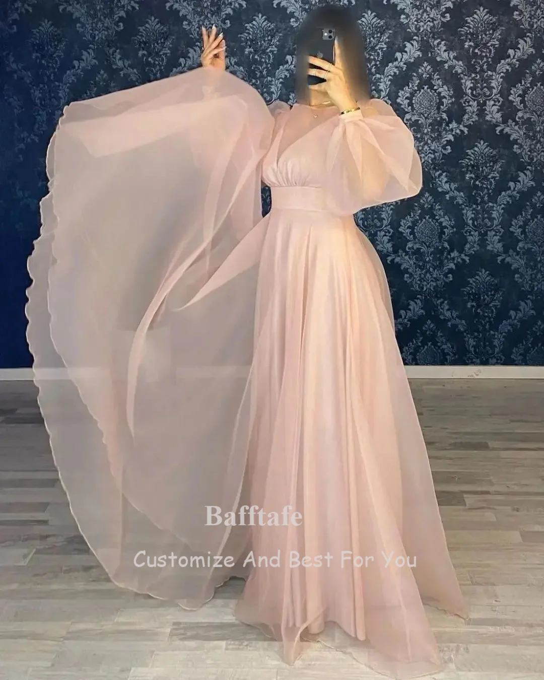 Bafftafe A Line Yellow Organza Prom Dresses Puff Long Sleeves Evening Gowns Women Floor Length Formal Wedding Gowns Customized