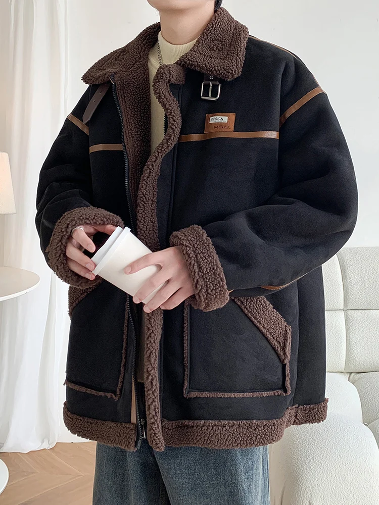 2025 Autumn Winter New American Retro Men's Thickened Fleece Coffee Color White Black Loose Casual Lamb Wool Jacket