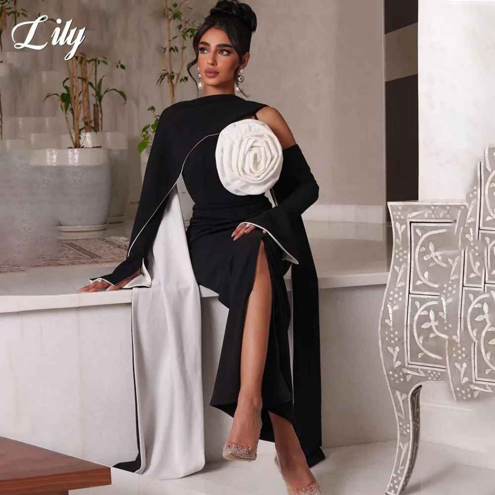 Sukienki wieczorowe Lily Black Satin, fason trąbka, z rozcięciem, z szalem, długość do podłogi, z kwiatami 3D, suknie balowe dla kobiet, szyte na miarę.