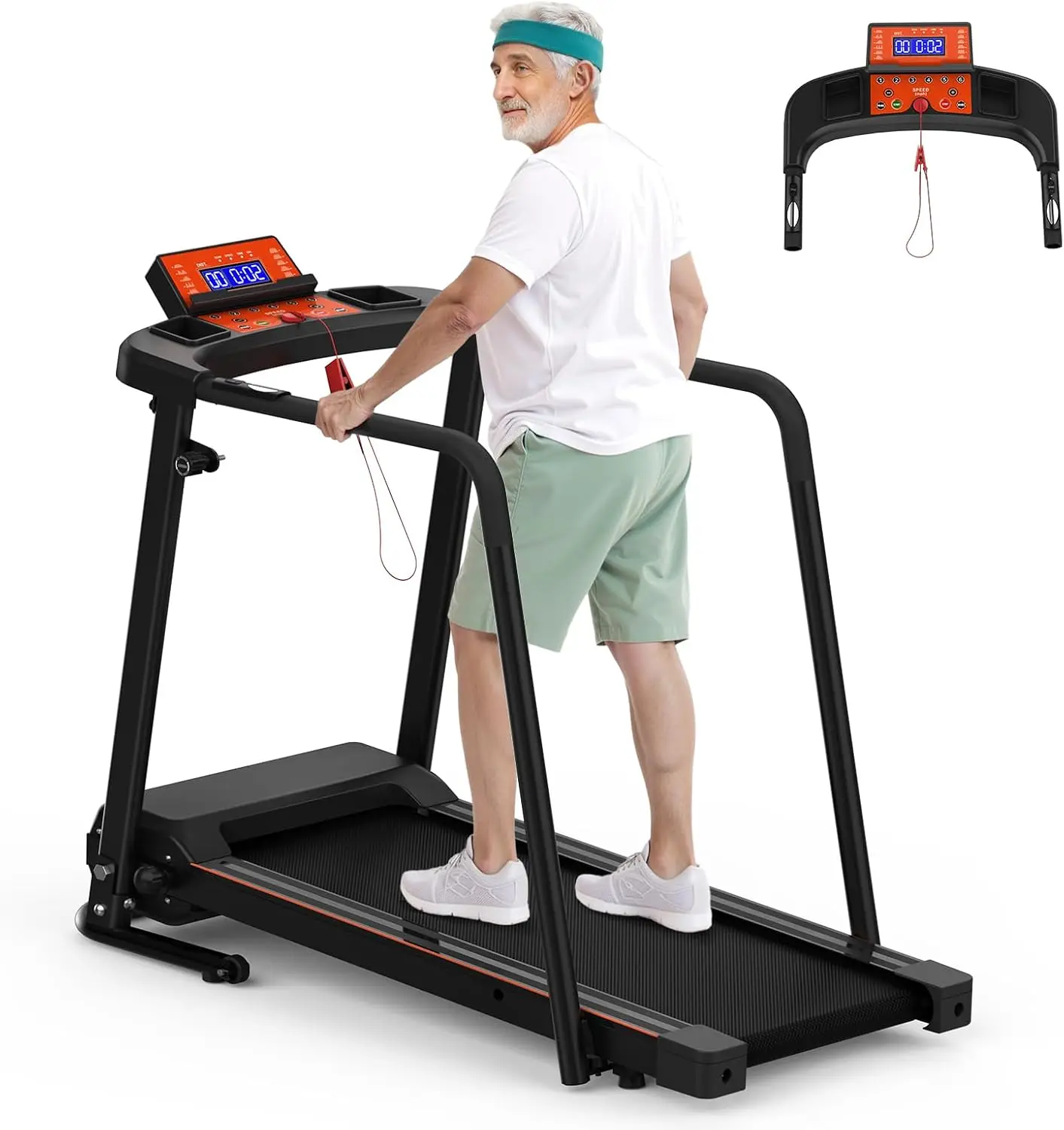 Walking Treadmill with Long Handles for Seniors, Treadmills for Home 300 lbs Capacity, Recovery Fitness Exercise Machine with St