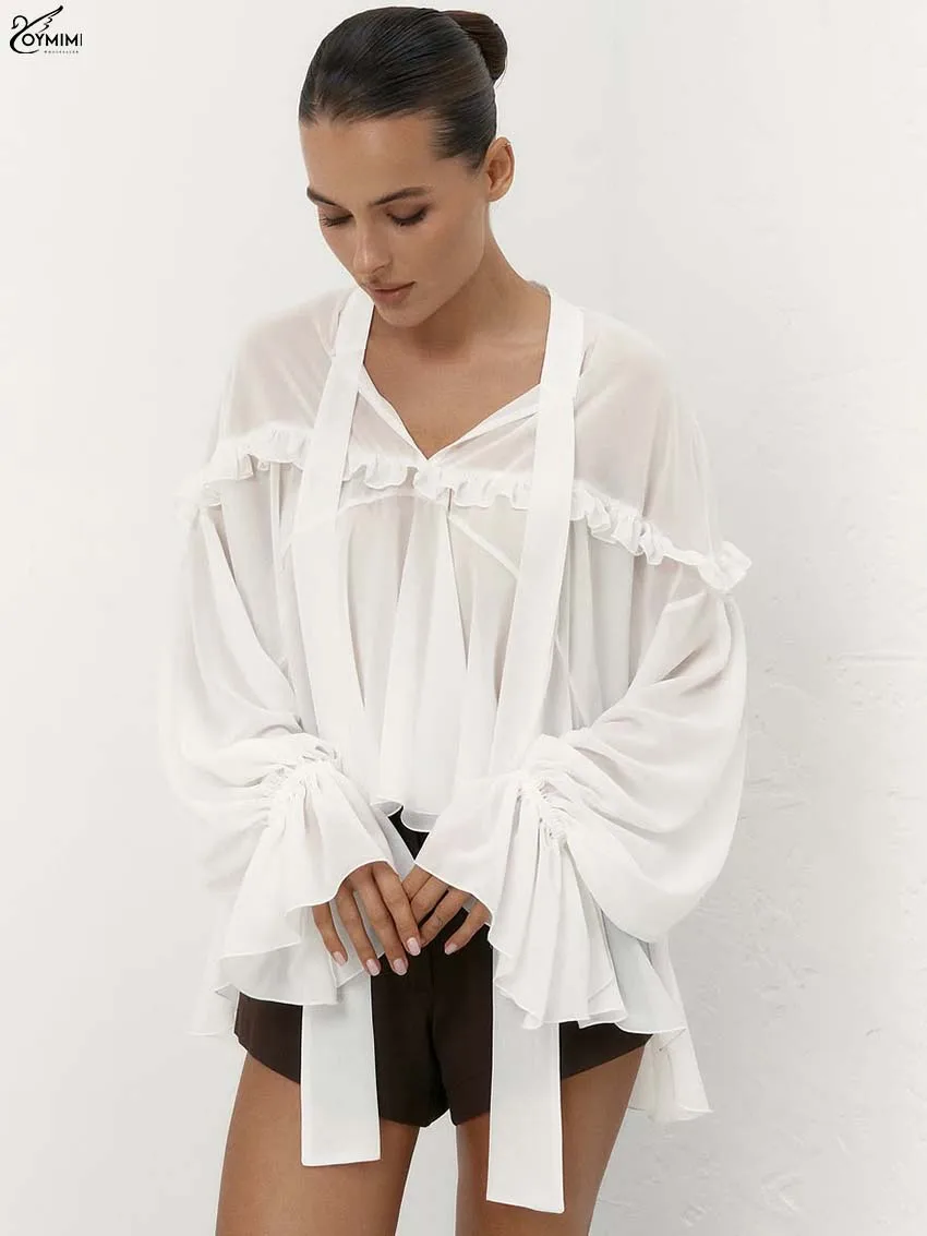 Oymimi Casual White Loose Women's Shirt Elegant Lace-Up V-Neck Long Sleeve Blouses Summer New Ruffled Pleated Blouses Female
