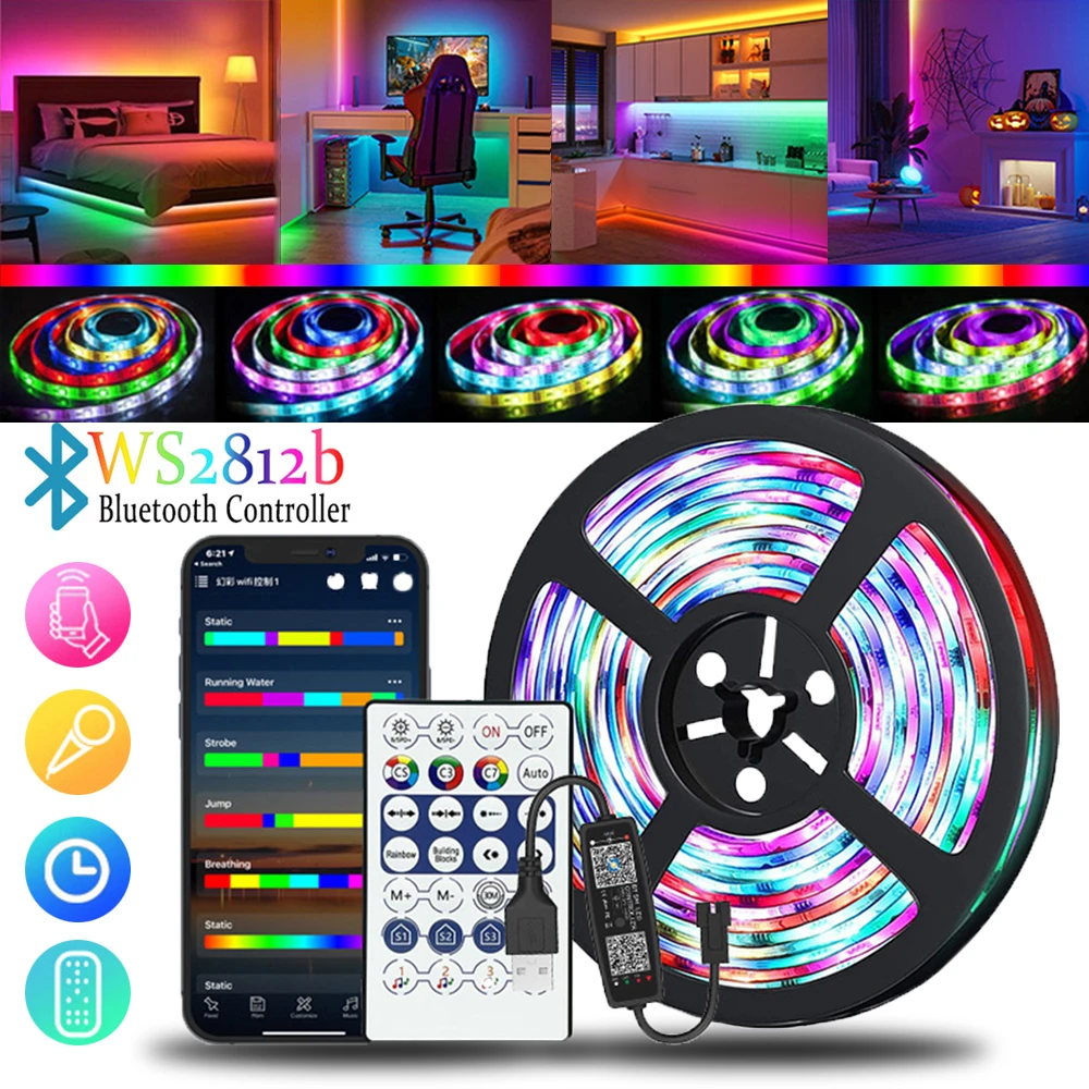 Ws2812b LED Strip Lights Bluetooth App Control Chasing Effect Lights RGBIC Flexible Tape Diode Ribbon TV BackLight Room Decorate